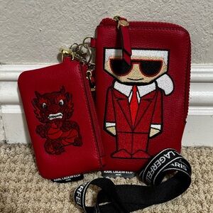 Karl Lagerfeld Red Zip Wristlet with Character Patch and Charm